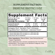Supplement facts label for Immune Biotic on a light green background