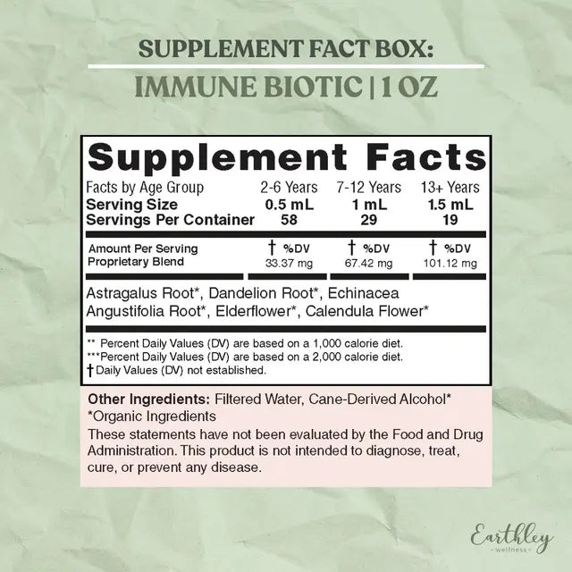 Supplement facts label for Immune Biotic on a light green background