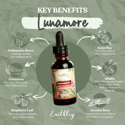 Lunamore supplement bottle with key benefits on a green background