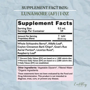 Supplement facts label for Lunamore (AF) on a textured light blue background