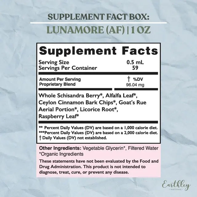Supplement facts label for Lunamore (AF) on a textured light blue background