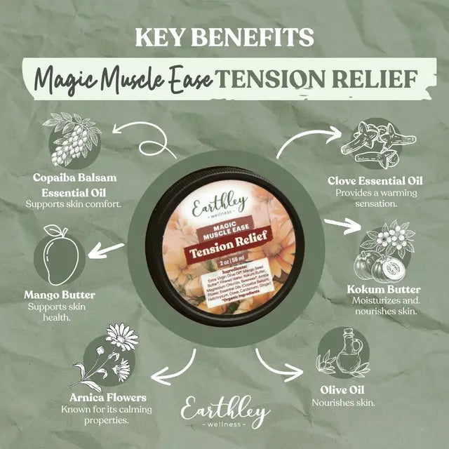 Earthley Magic Muscle Ease Tension Relief product with key benefits on a green background