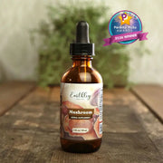 Brown glass bottle with dropper labeled Earthley Mushroom on a wooden surface, with a blurred plant in the background.
