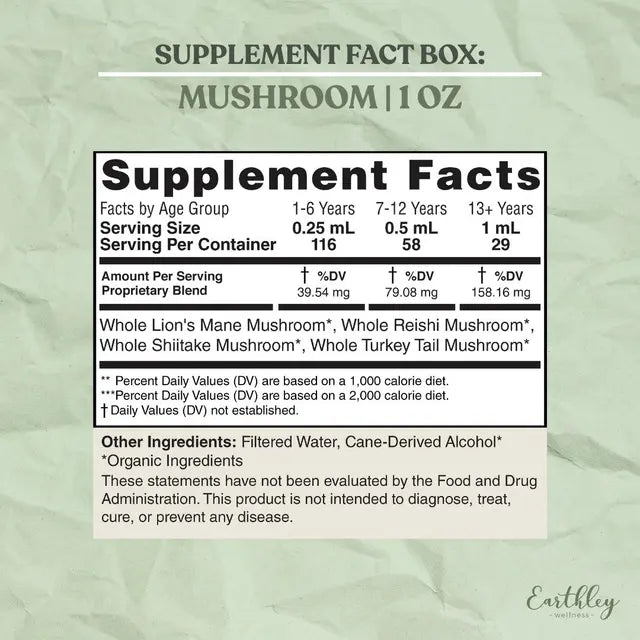 Supplement facts label for a mushroom product on a green background