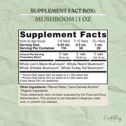 Supplement facts label for a mushroom product on a green background