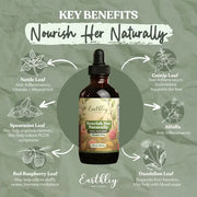Earthley wellness product with key benefits on a green background
