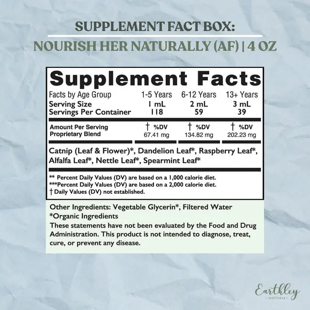 Supplement facts label for 'Nourish Her Naturally' product on a textured gray background