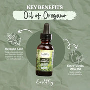 Earthley Oil of Oregano bottle with key benefits on a green background