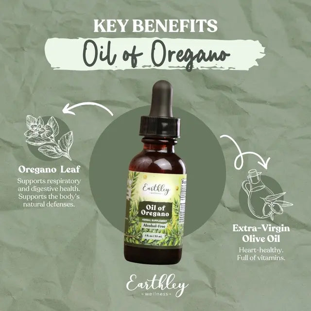 Earthley Oil of Oregano bottle with key benefits on a green background