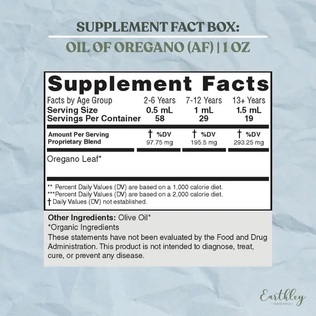 Supplement facts label for Oil of Oregano on a textured gray background