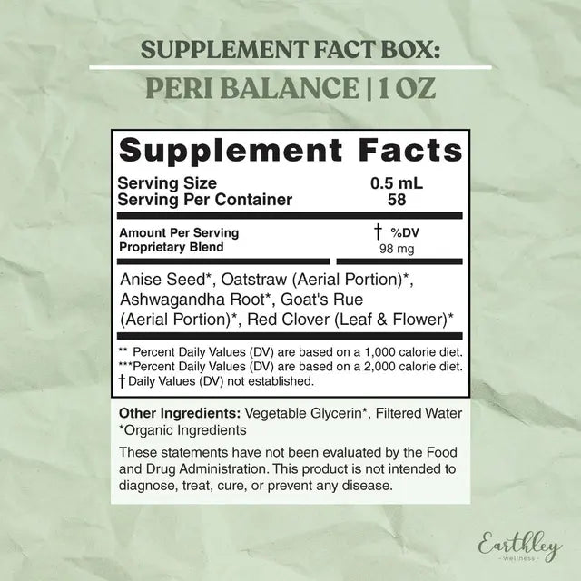 Supplement facts label for Peri Balance on a green background