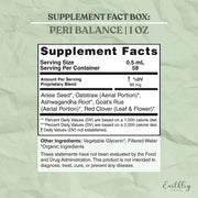 Supplement facts label for Peri Balance on a green background