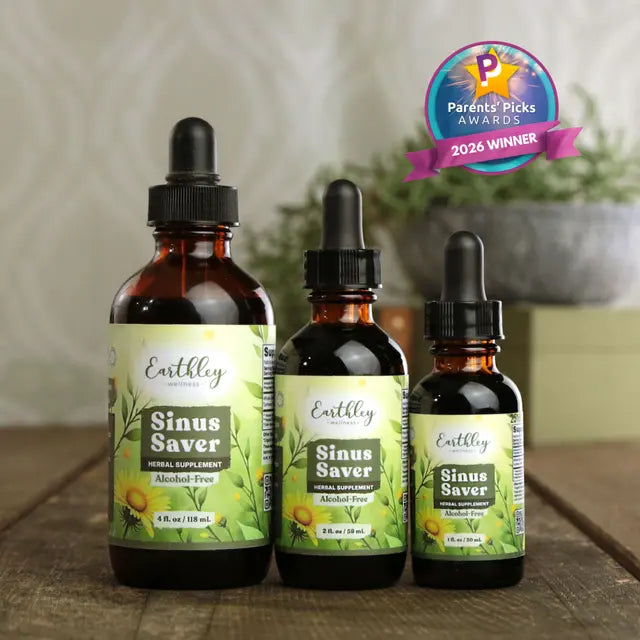Three bottles of Earthley Sinus Saver on a wooden surface with a 'Parents' Picks Awards 2026 Winner' badge.
