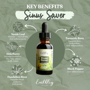 Bottle of Earthley Sinus Saver with key benefits on a green background