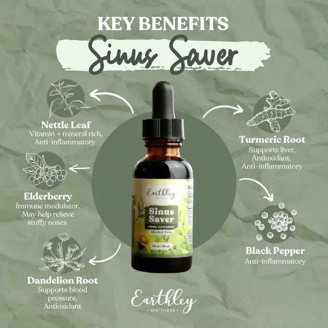 Bottle of Earthley Sinus Saver with key benefits on a green background