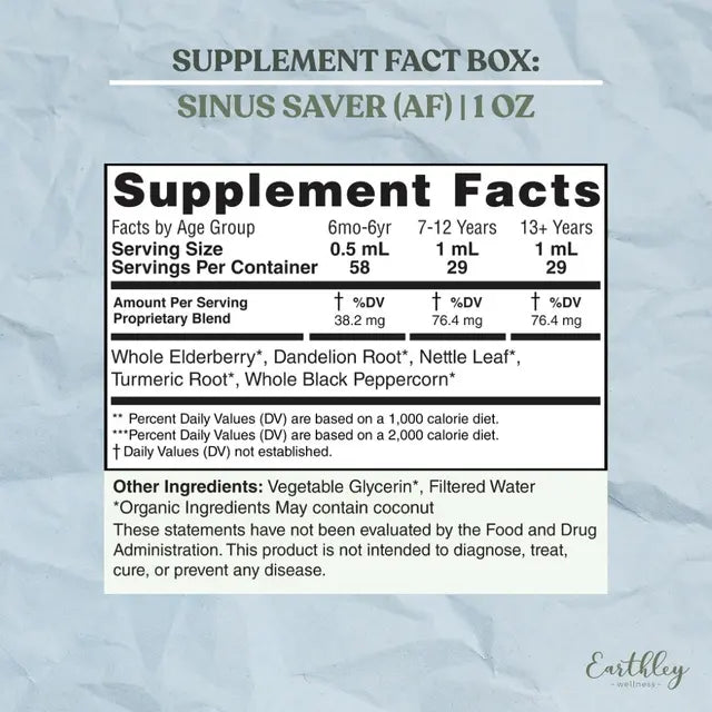 Supplement facts label for 'Sinus Saver (AF)' on a textured gray background