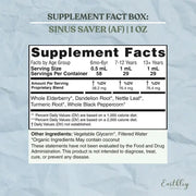 Supplement facts label for 'Sinus Saver (AF)' on a textured gray background