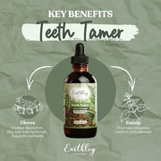 Earthley Wellness Teeth Tamer supplement bottle with key benefits on a green background