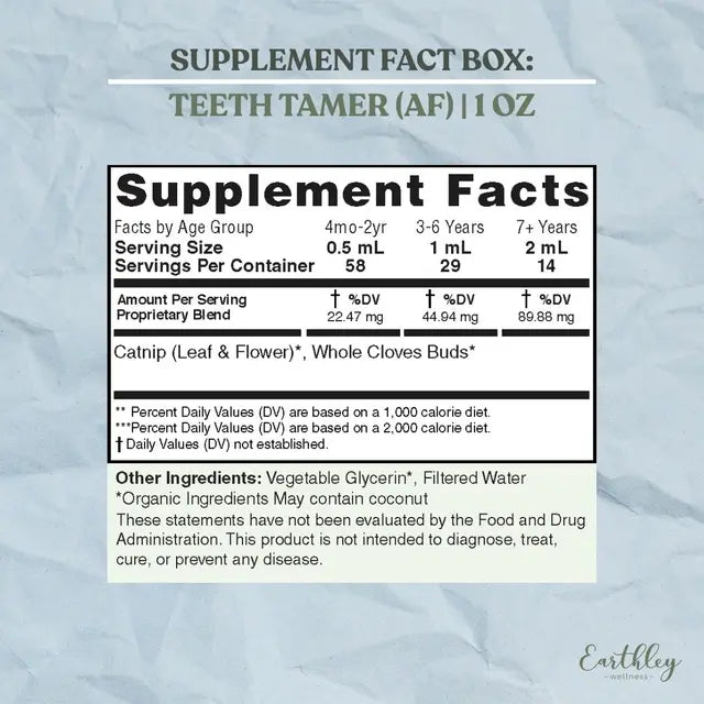 Supplement facts label for 'Teeth Tamer (AF)' on a textured gray background