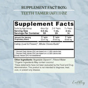 Supplement facts label for 'Teeth Tamer (AF)' on a textured gray background