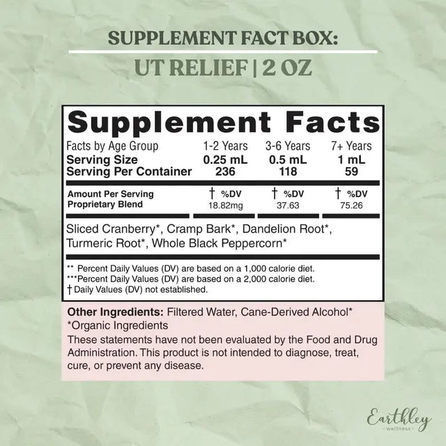 Supplement facts label for UT Relief on a green background