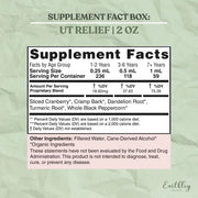 Supplement facts label for UT Relief on a green background