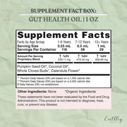 Supplement facts label for Gut Health Oil on a light green background