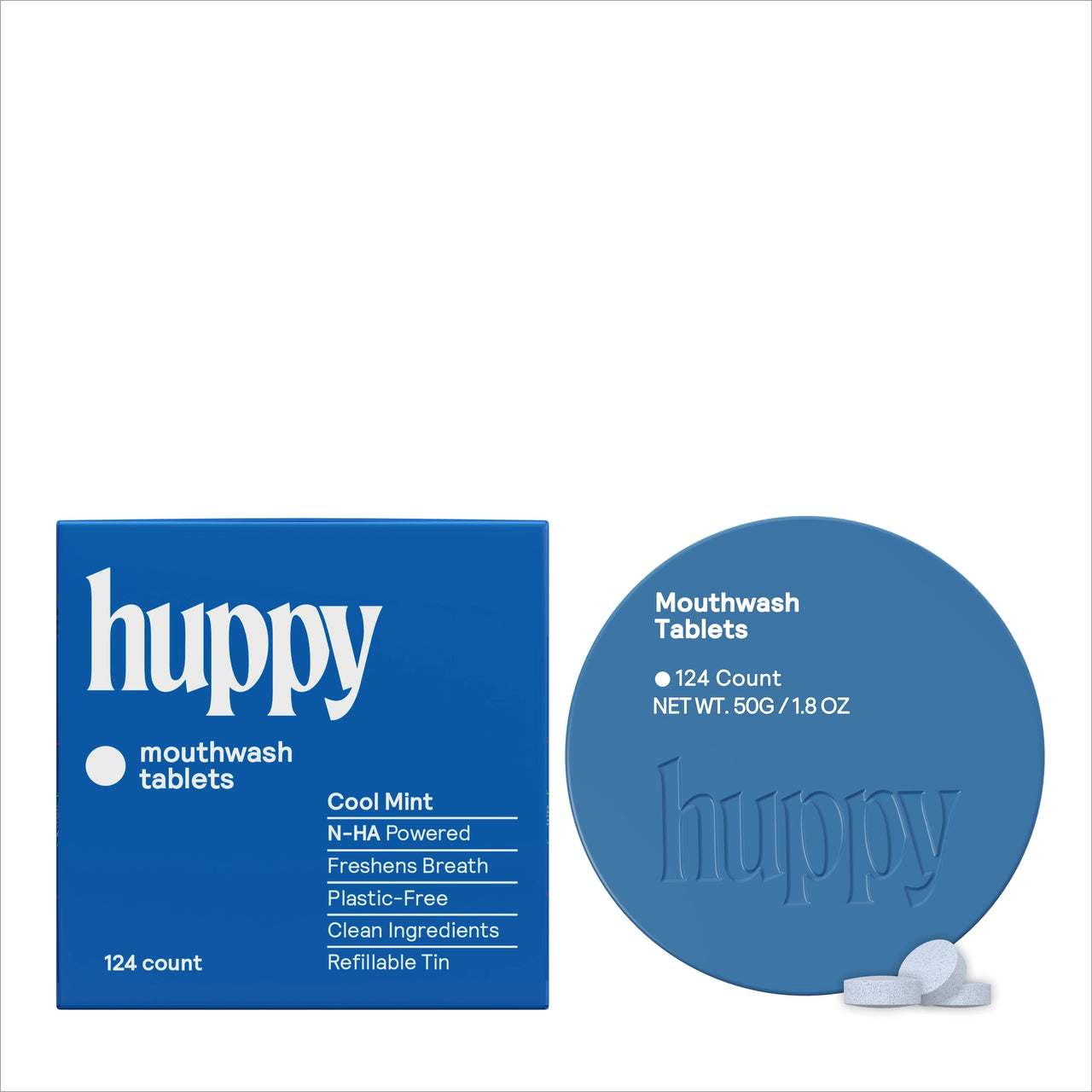 huppy mouthwash tablets packaging with blue box and round container on a white background