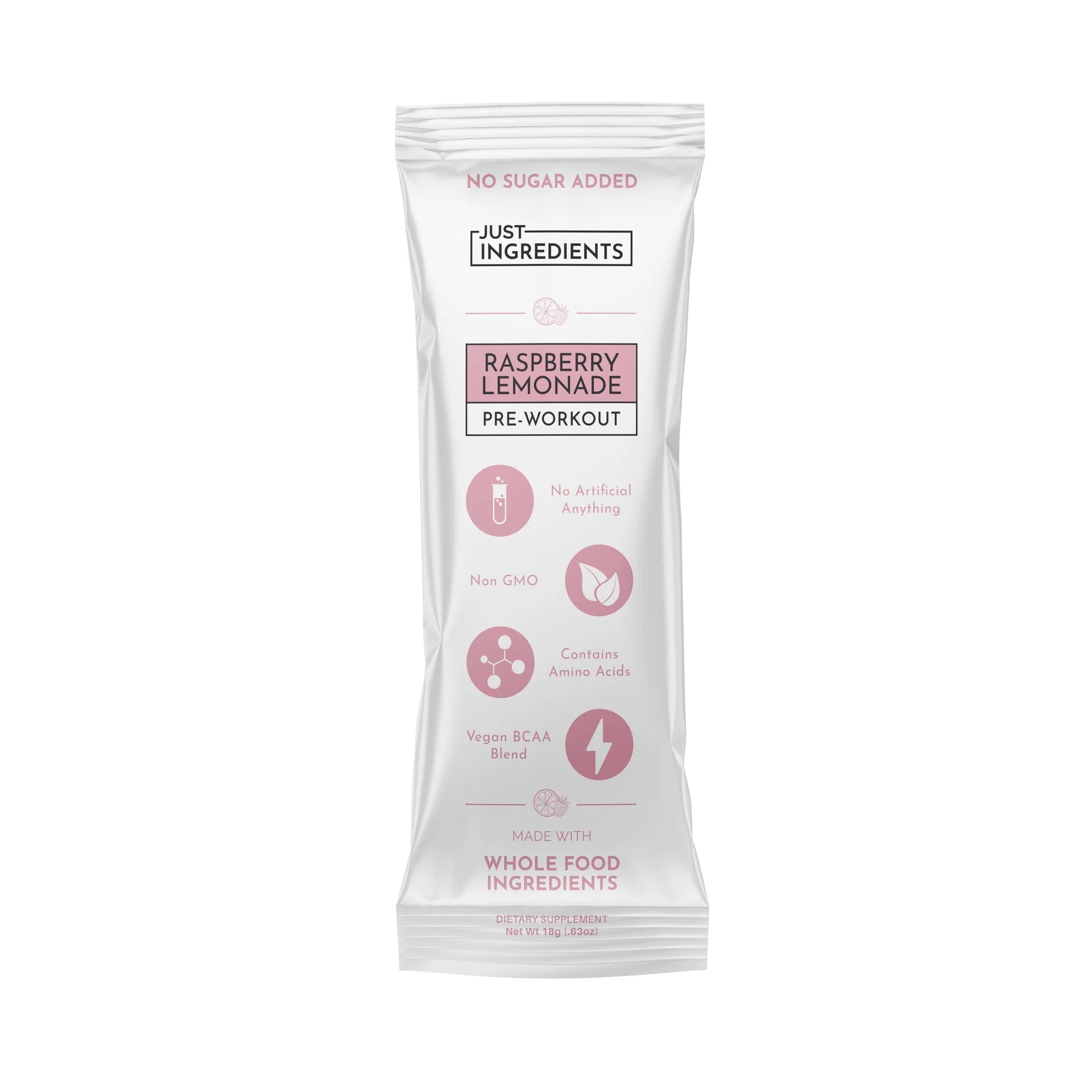 Pre-workout powder package with raspberry lemonade flavor on a white background