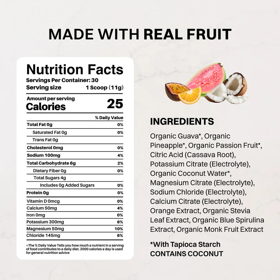 A product information graphic on a light gray background with the headline 'MADE WITH REAL FRUIT.' A white Nutrition Facts panel appears on the left, and the ingredients list is printed on the right.
