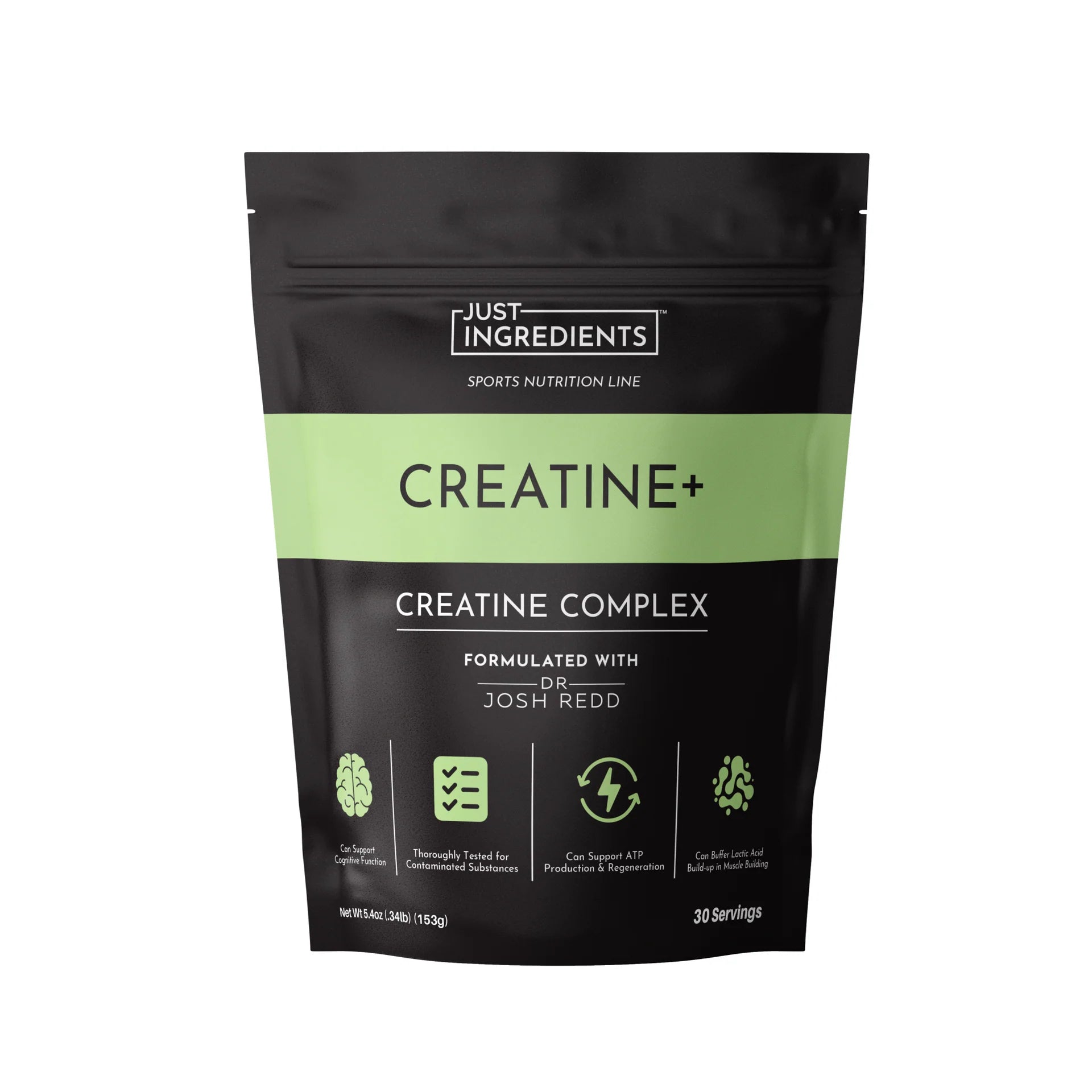 Black and green package of Just Ingredients Creatine Complex on a white background