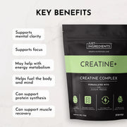 Just Ingredients Creatine+ supplement package with key benefits listed on a white background