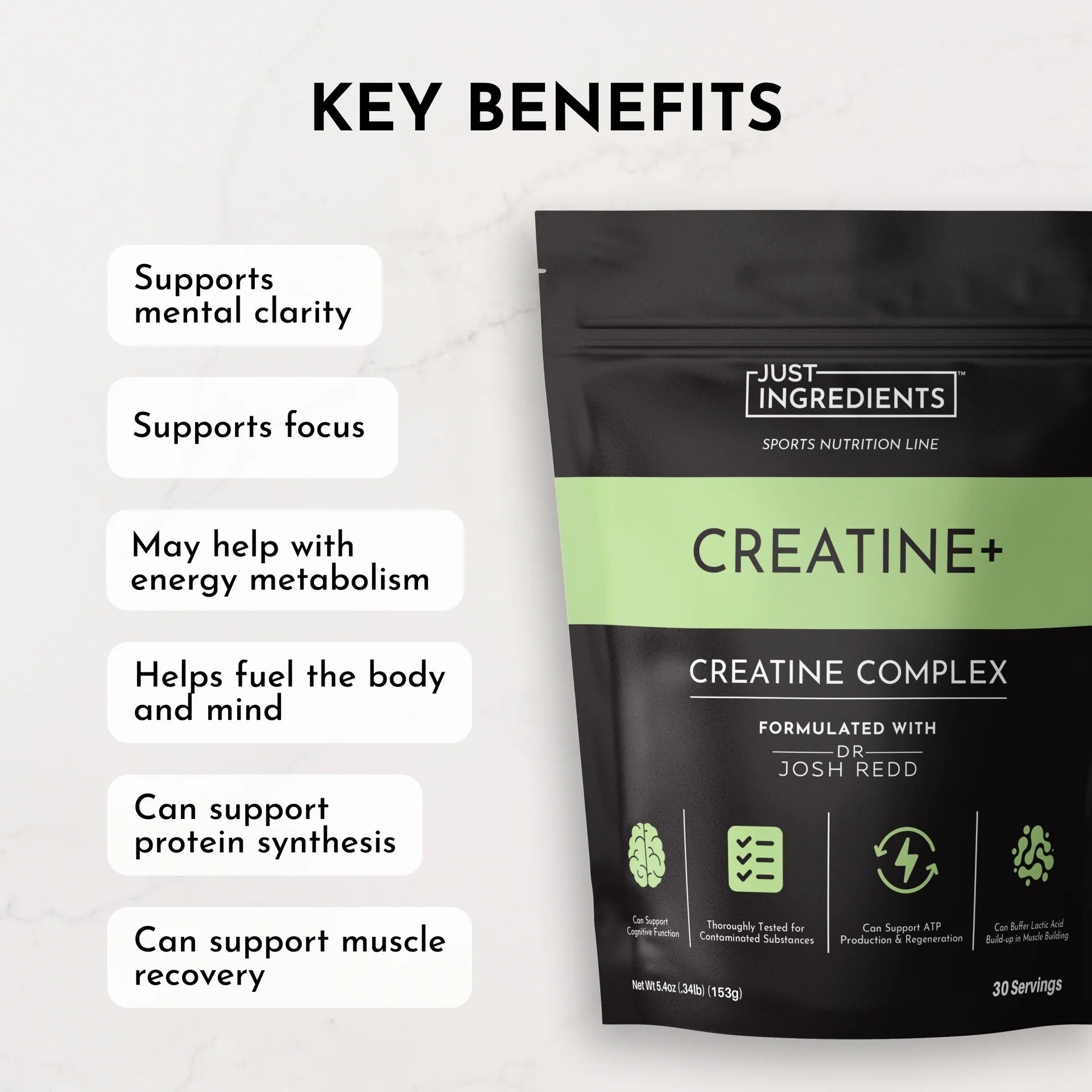 Just Ingredients Creatine+ supplement package with key benefits listed on a white background