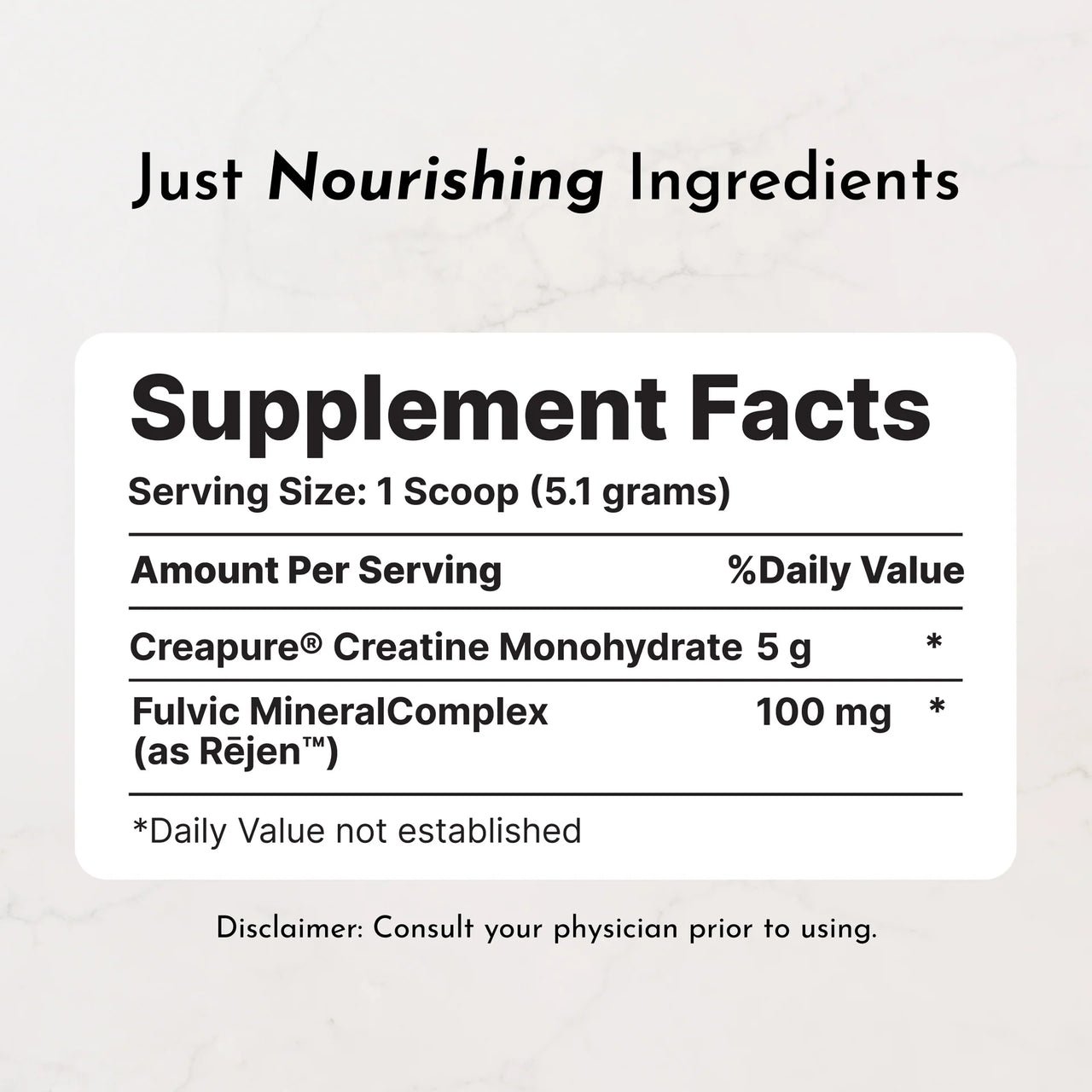 Supplement facts label for a product with Creapure Creatine Monohydrate and Fulvic MineralComplex on a light gray background.