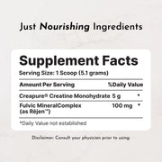 Supplement facts label for a product with Creapure Creatine Monohydrate and Fulvic MineralComplex on a light gray background.