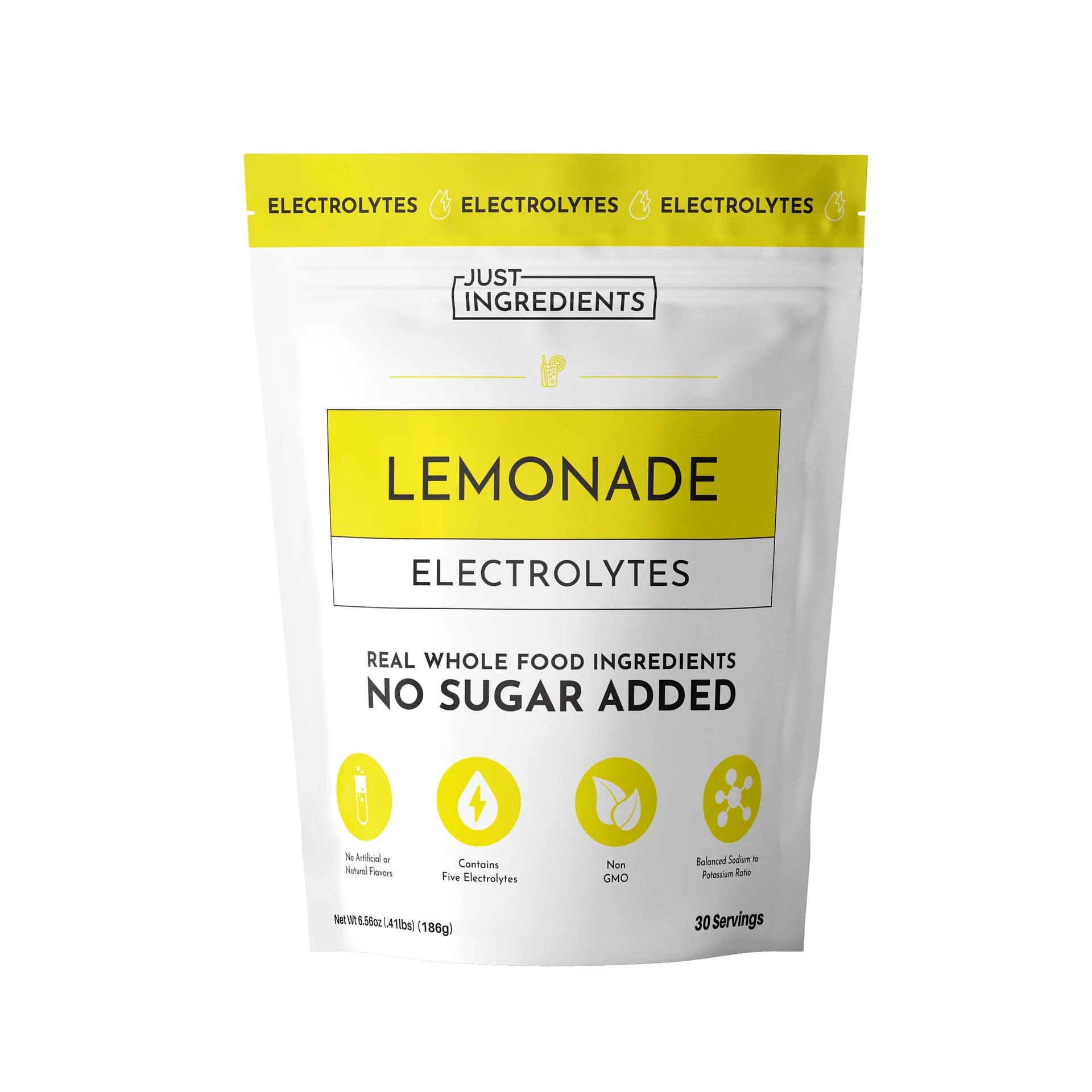 Packaging of Just Ingredients Lemonade Electrolytes with yellow and white design.