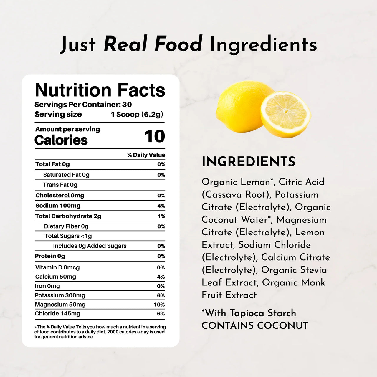 Nutrition facts label and ingredients list for a product with lemon flavor on a light background.