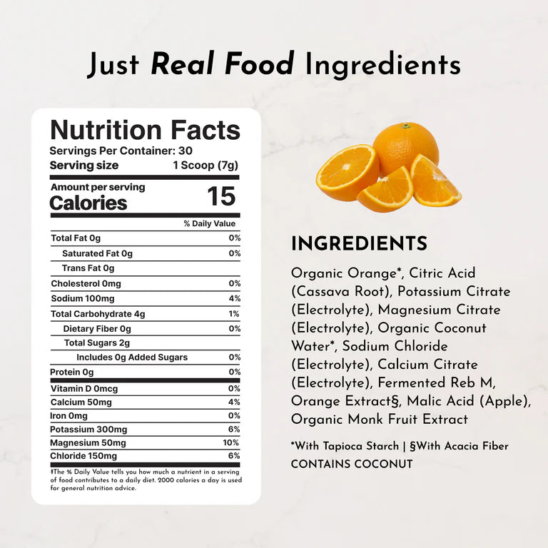 Nutrition facts label with ingredients list for a product containing organic oranges on a light gray background.