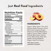 Nutrition facts label with peach ingredients on a light gray background