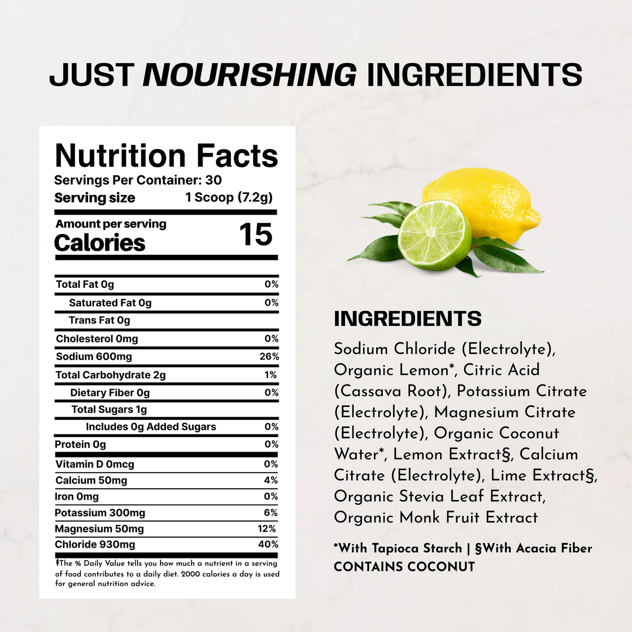 Nutrition facts label with ingredients list on a light background