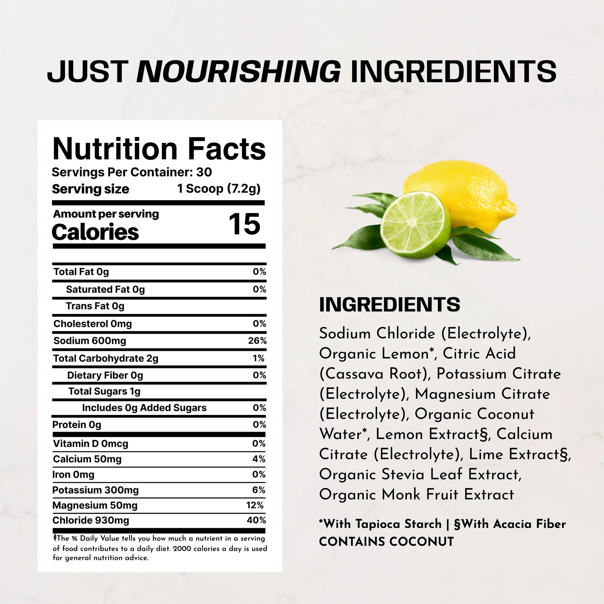 Nutrition facts label with ingredients list on a light background