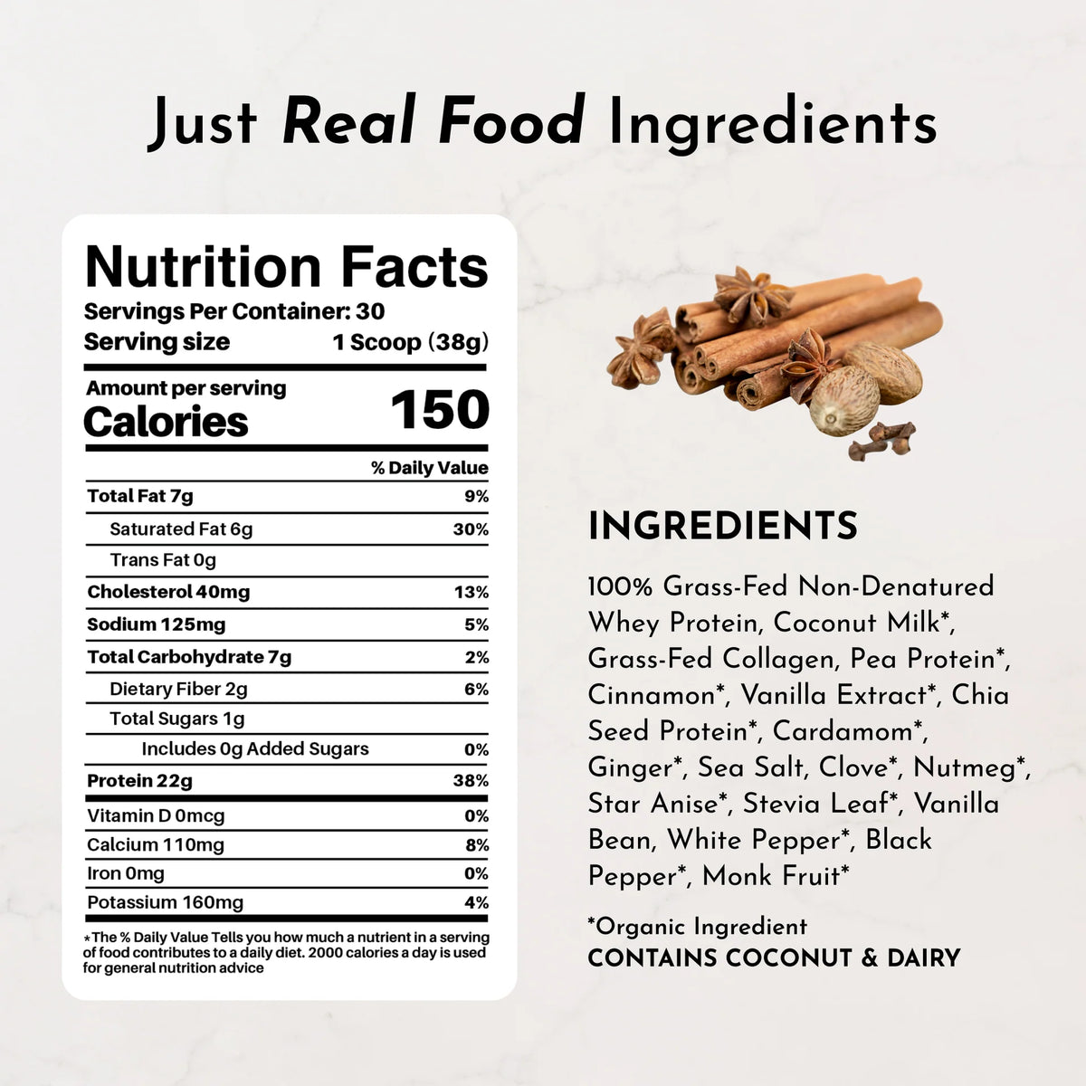 Nutrition facts label and ingredients list for a product with real food ingredients.