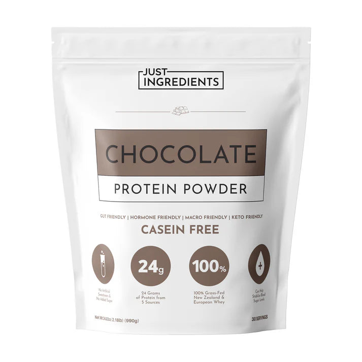 Just Ingredients Chocolate Protein Powder package on a white background