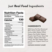 Nutrition facts and ingredients label for a protein product with chocolate flavor.