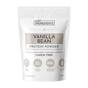White package of vanilla bean protein powder with 'Just Ingredients' branding on a white background