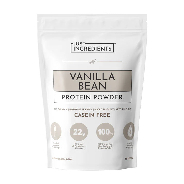 White package of vanilla bean protein powder with 'Just Ingredients' branding on a white background