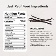 Nutrition facts label and ingredients list for a product with vanilla flavor.
