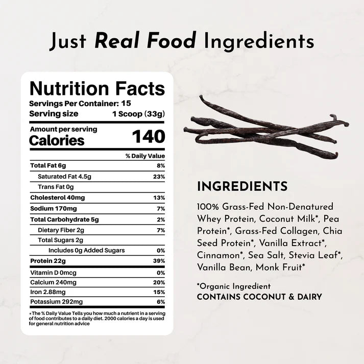 Nutrition facts label and ingredients list for a product with vanilla flavor.