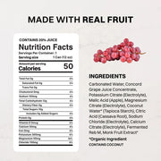 A product information graphic for a grape juice can, featuring a large Nutrition Facts label, the text 'MADE WITH REAL FRUIT,' a photo of red grapes, and an ingredients list on a light gray background.