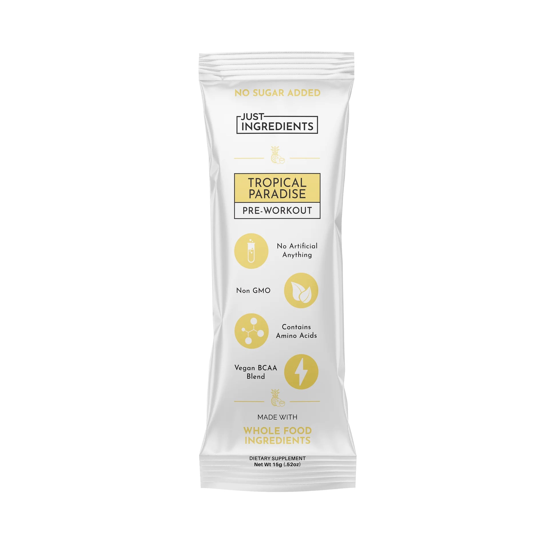 Pre-workout supplement package with 'Just Ingredients' branding on a white background